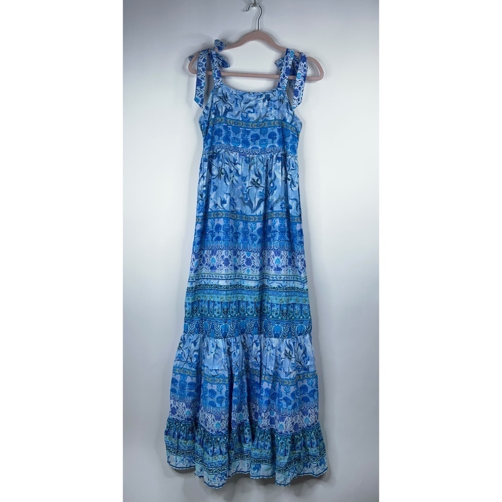 Hale Bob Sayen Maxi Dress Blue White Floral Pleated Tiered Cotton Small New